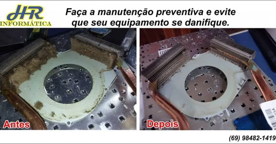 Comparativo antes e depois da limpeza do dissipador de um notebook